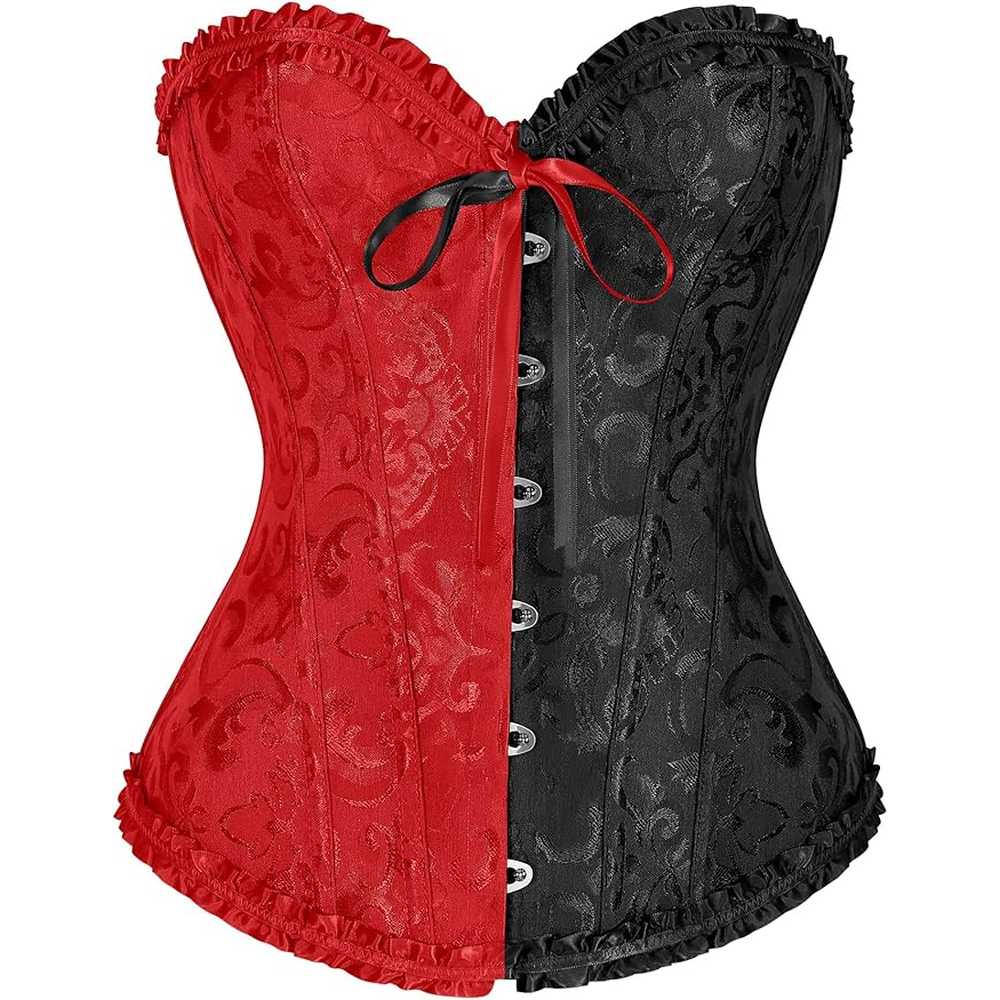 Zac's Alter Ego - Half & Half Black & Red Classic Floral Print Bustier Overbust korset - Zwart/Rood